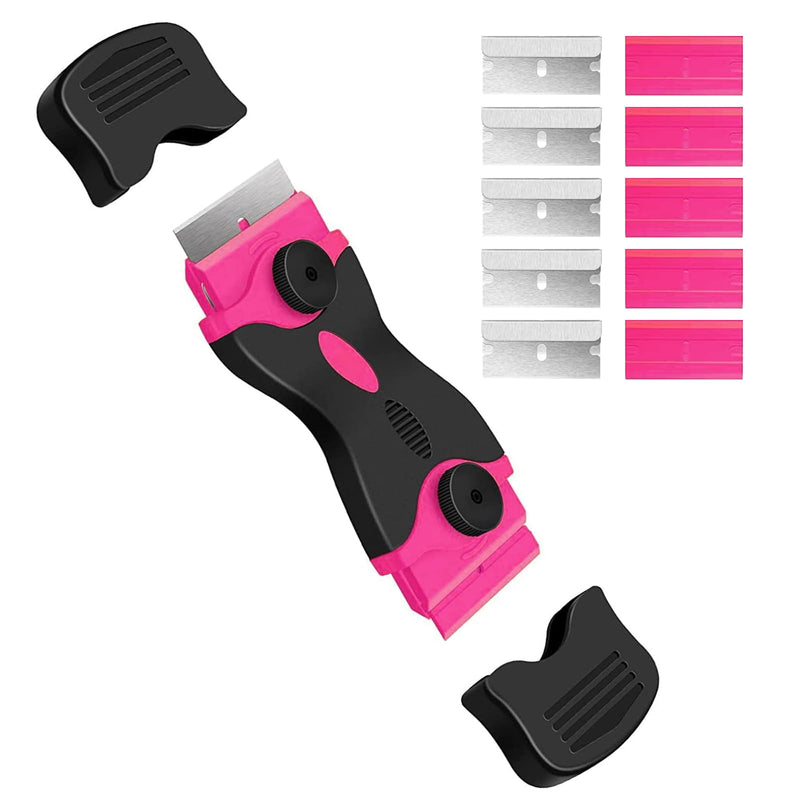 DEKEones Razor Blade Scraper, Double Edged Razorblade Scraping Tool with 10 Pcs Razor Blades, Paint Scraper for Glass, Decals, Tint, Stickers, Labels, Caulk, Adhesive(Pink) 1