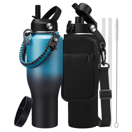 40 oz Water Bottle with Straw - Spout Lid, Paracord Handle & Carrier Bag Indigo Crush 40 Ounces