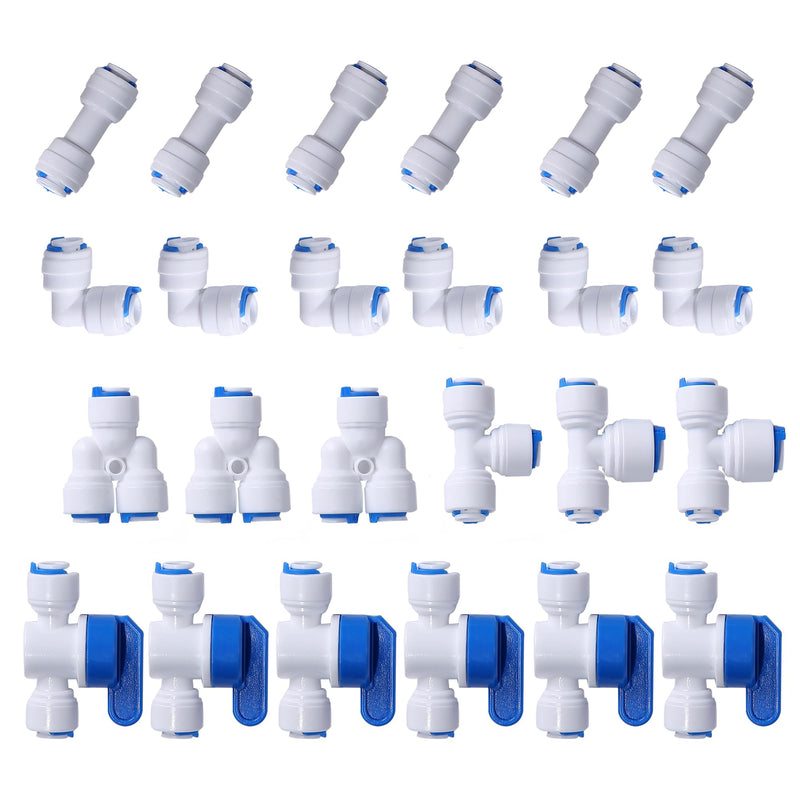 [Australia - AusPower] - 1/4" OD Quick Connect Push in to Connect Water Tube Fitting for RO Reverse Osmosis Water Filter(Ball Valve + T + I + L + Y, 24 Pack),White 