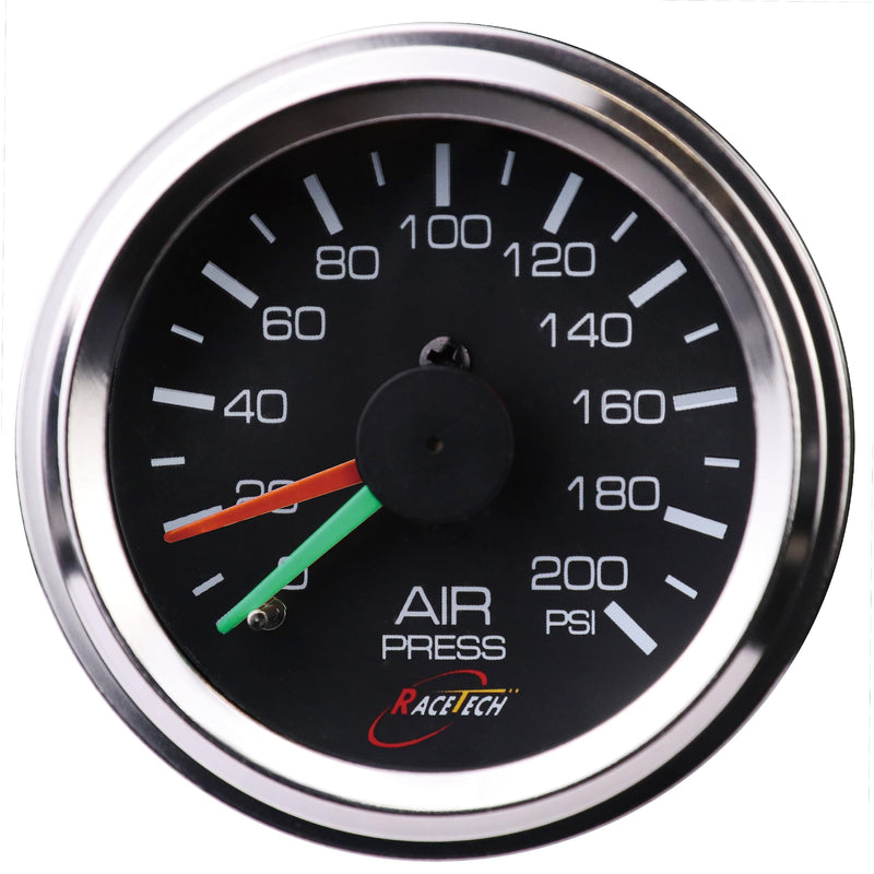 [Australia - AusPower] - RACETECH 200 PSI Mechanical Dual Air Suspension Pressure Gauge – 52mm (2-1/16"), Black Dial, Chrome Bezel, 1/8 NPT – for Air Ride Suspension Systems Dual 200 PSI 