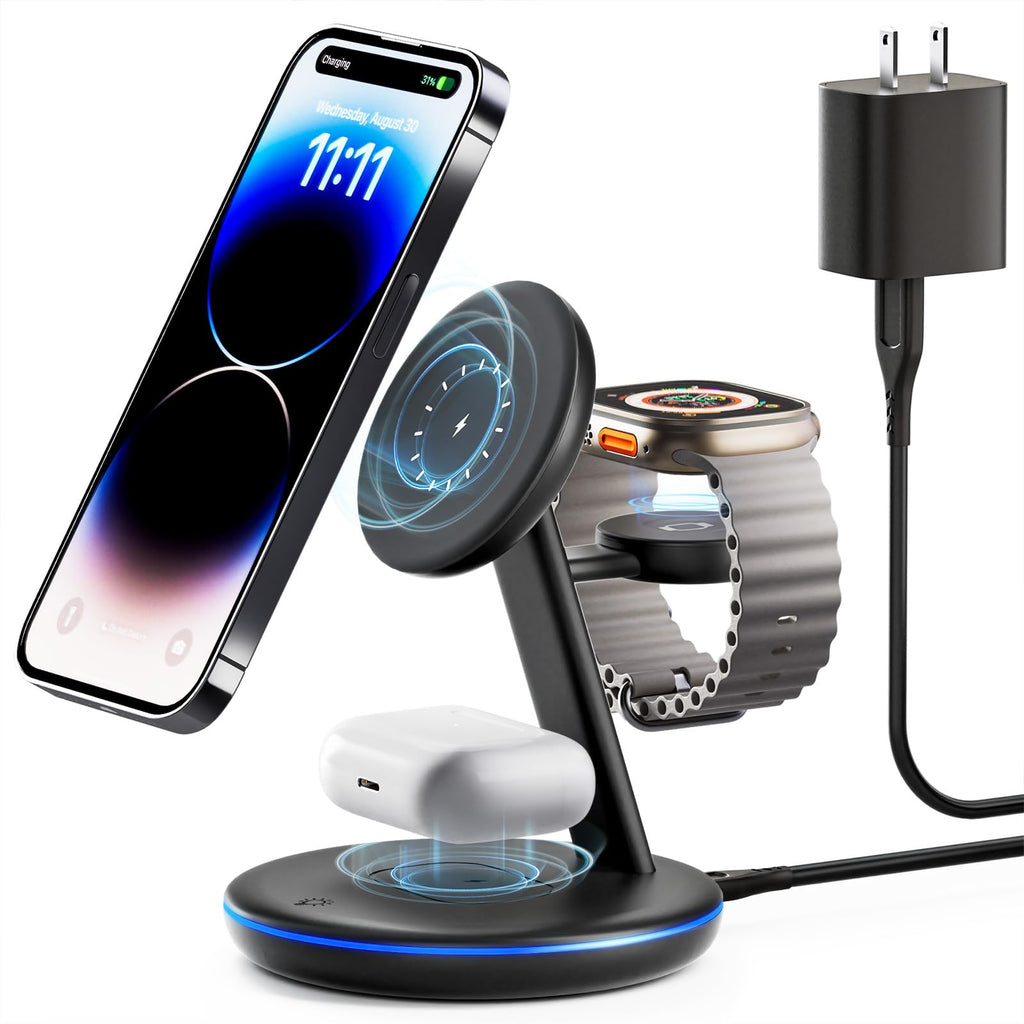 [Australia - AusPower] - 3 in 1 Charging Station for Apple Devices, Mag - Safe Charger Stand,15W Fast Magnetic Charger Wireless Compatible for iPhone 15 14 13 12 Pro/Max/Plus/Mini,AirPods Pro/3/2,iWatch 9/8/7/6/SE/5/4/3/2 New Deep Black 