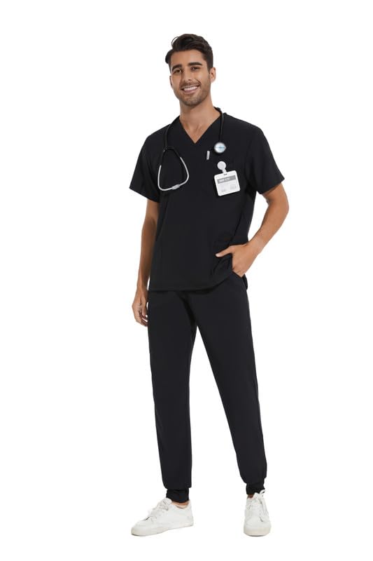[Australia - AusPower] - Men Scrubs Set — Stretch V-Neck Scrub Top & Jogger Pant with 8 Pockets, Yoga Waistband, Anti-Wrinkle Scrubs for Men Black Medium 