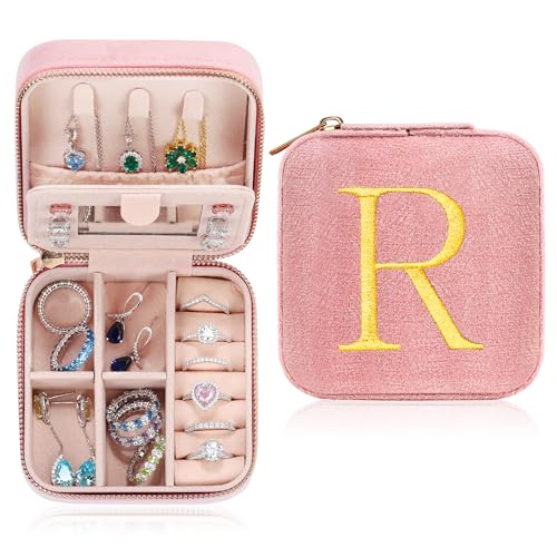 Parima Plush Velvet Travel Jewelry Case Organizer Jewelry Box - Small Travel Jewelry Holder Jewelry Case Travel Essentials Personalized Birthday Gifts for Women Teenage Her Friend - Letter R, Pink
