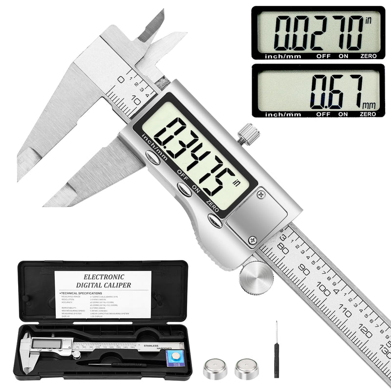 [Australia - AusPower] - Digital Caliper Measuring Tool, 6 Inch Stainless Steel Vernier Caliper Digital Micrometer with Large LCD Screen, Auto-Off Feature, Easy Switch from Inch to Millimeter 