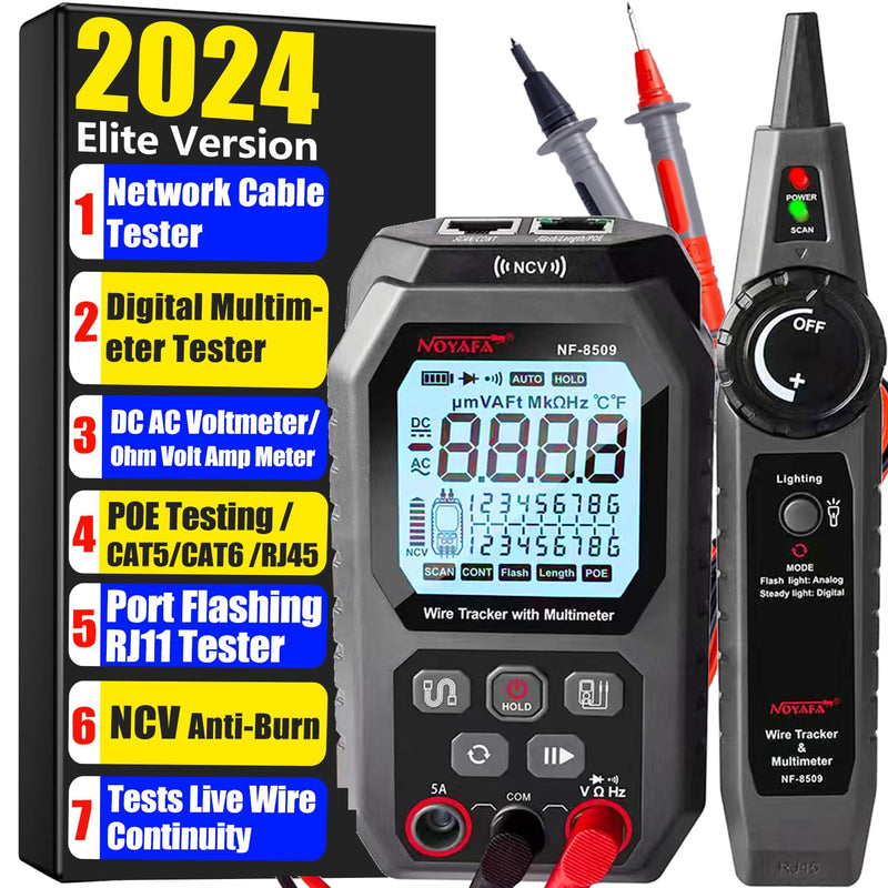 [Australia - AusPower] - NOYAFA NF-8509 Network Cable Tester (with Multimeter Tester), POE/RJ45 RJ11 CAT5 CAT6 LAN/Ethernet Port Flashing, Anti-Interference TDR Network Tester/NCV Anti-Burnout AC DC Voltmeter Network Tool Black 