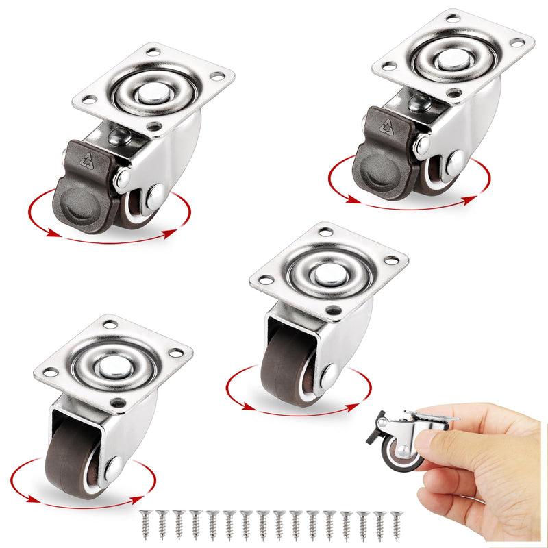 [Australia - AusPower] - Small Caster Wheels 1 Inch, Low Profile 360 Degree Swivel Casters Set of 4, Little Rubber Base Rolling Plate Caster Wheels for Small Furniture(2 with Brakes & 2 Without),No Noise 