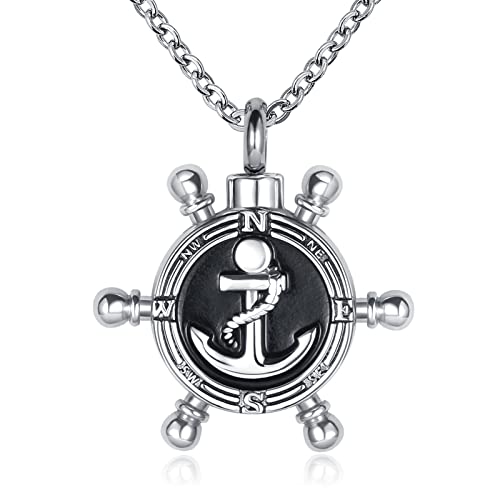 GMXLin Compass Nautical Ship Wheel Cremation Urn Necklace for Ashes Keepsake Memorial Stainless Steel Pendant Jewelry for Men Women