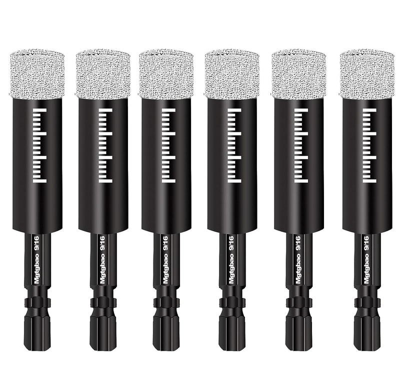 6pc 9/16” Black Dry Diamond Drill Bits Set, 14mm Hex Shank Core Drill Bit Brazed with Cooling Wax for Porcelain Tile Ceramic Concrete Granite Marble Hard Materials (not for Wood). 9/16 in 6