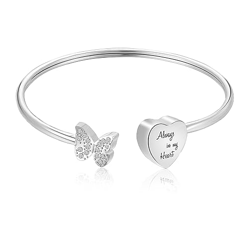 XIUDA Urn Bracelet for Human Ashes Butterfly Heart Ash Bracelet for Women Stainless Steel Openable Cuff Bangle Cremation Bracelet - Always in My Heart Silver