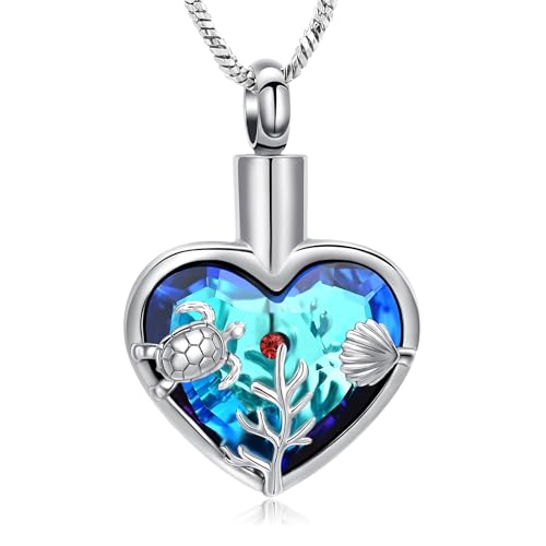 Yinplsmemory Sea Turtle Urn Necklaces for Ashes for Women Men Stainless Steel Crystal Heart Urn Locket Pendant Keepsake Memorial Cremation Jewelry Blue-silver