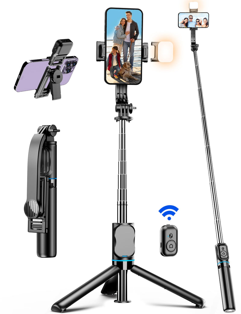 [Australia - AusPower] - 42" Selfie Stick Tripod with Fill Light Extendable Phone Tripod Stand All-in-1 Selfie Stick Travel Tripod with Detachable Remote & Phone Holder Cell Phone Tripod Compatible with iPhone/Android Black with Light 