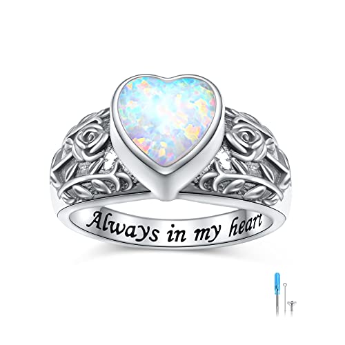 Heart Opal Sunflower Roseflower Tree of Life Urn Ring for Ashes 925 Sterling Silver Cremation Jewelry Ashes Keepsake Ring for Women Memorial Jewelry Bereavement Ring Size 5-10 Heart Opal 10