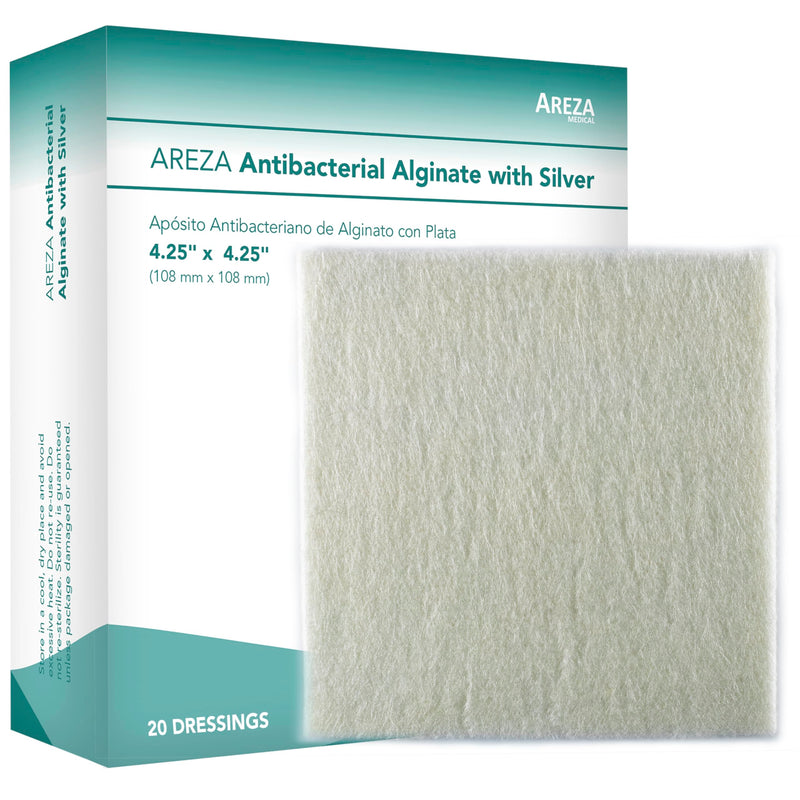 [Australia - AusPower] - Areza Medical - Silver Alginate (Antibacterial Alginate with Silver) - Sterile - Wound Dressing Pads - 4.25" X 4.25" (10.8 cm X 10.8 cm) - 20 PCS per Box - FSA/HSA Approved 