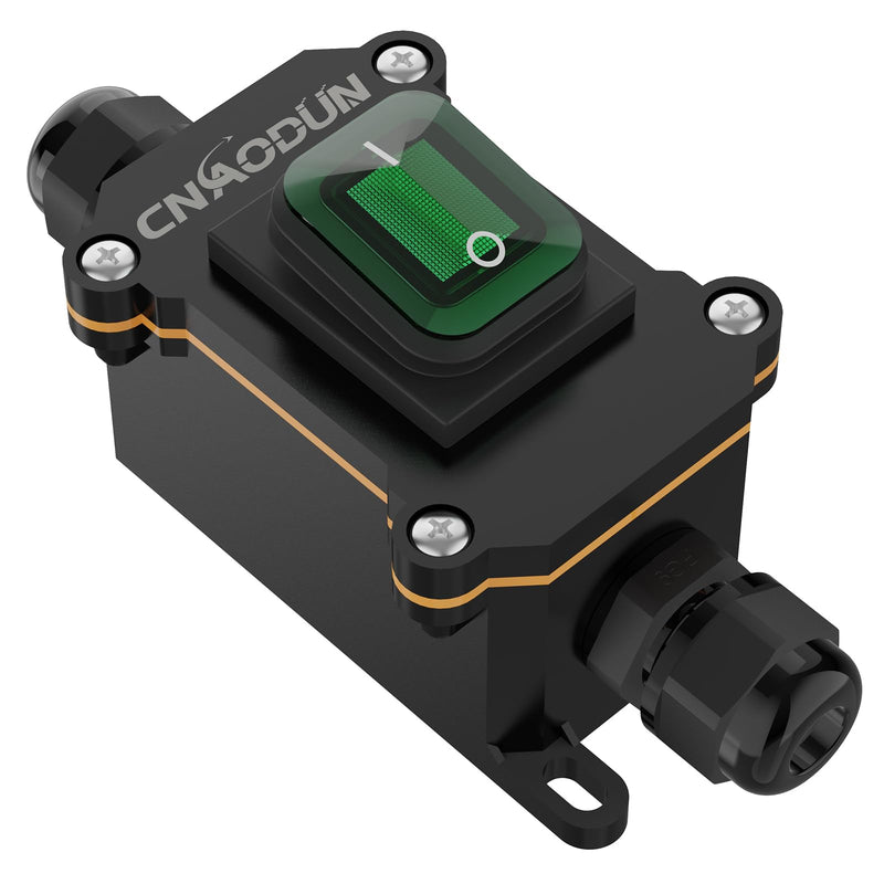 [Australia - AusPower] - Waterproof Inline Cord Switch, CNAODUN 12V DC 20A On Off Toggle Switch with Green Light Rocker Button DPST Double Outlet Outdoor IP66 DC 12-24V A-Green 