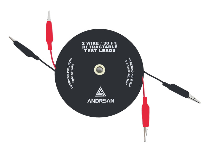 [Australia - AusPower] - 2 Wire 30’ Retractable Test Leads with 2” Alligator Clips, 18 Gauge Electrical Copper Wire, Impact-Resistant Reel, Black 