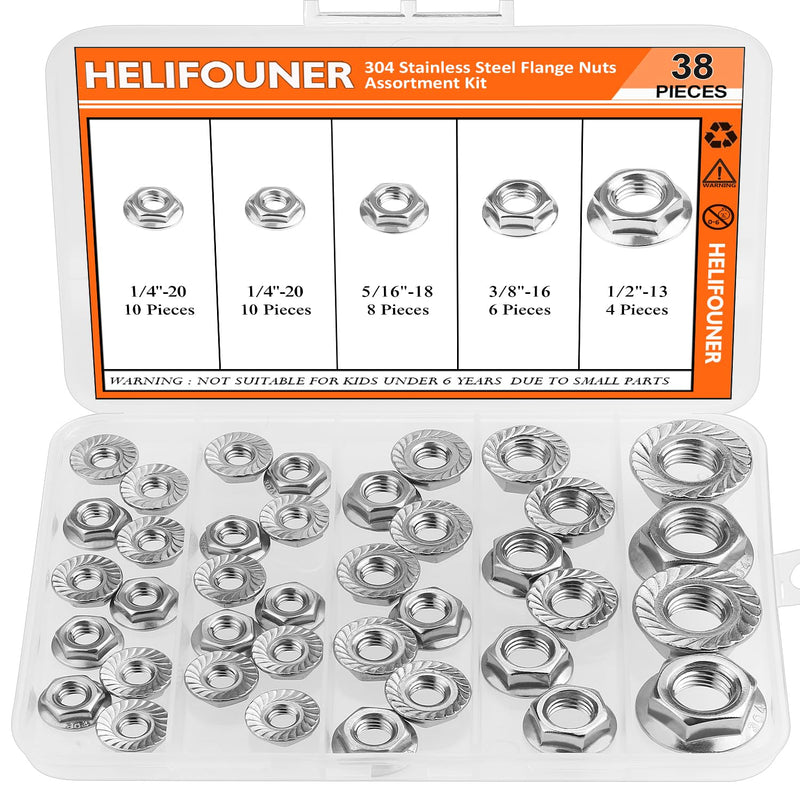 [Australia - AusPower] - 38 Pieces 4 Sizes Flange Nuts, Serrated Flange Hex Lock Nuts Assortment Kit, 304 Stainless Steel (1/4"-20 5/16"-18 3/8"-16 1/2"-13) 38 Pieces 4 Sizes 