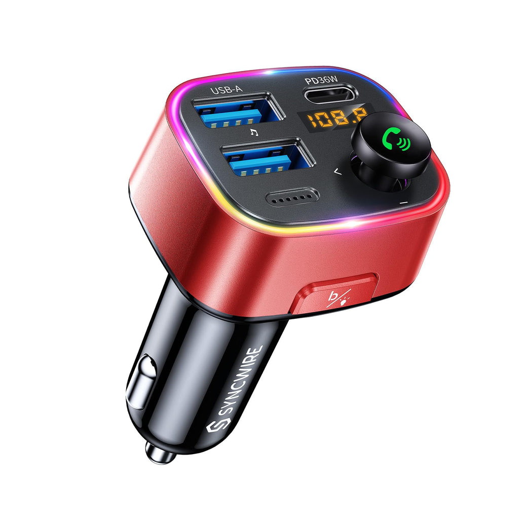 [Australia - AusPower] - Syncwire Bluetooth 5.3 FM Transmitter Car Adapter 48W (PD 36W & 12W) [Light Switch] [Hi-Fi Deep Bass] [Fast Charge] Wireless Radio Music Adapter LED Display Hands-Free Calling Support USB Drive, Red 