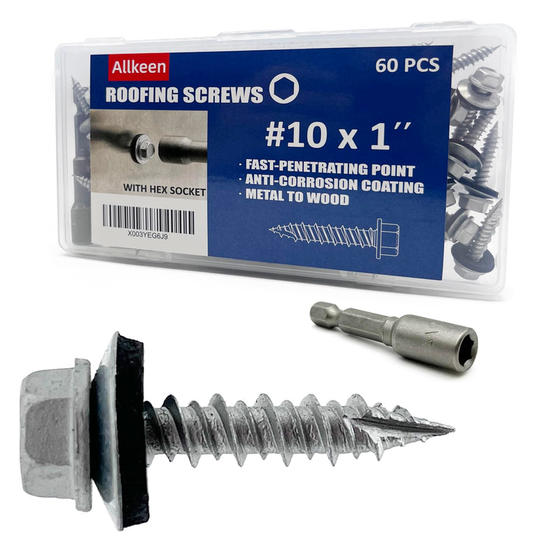 [Australia - AusPower] - #10 x 1" Hex Head Sheet Metal Roof Screws, Rustpert Coating Metal to Wood siding Screws, 60 Pieces 60 Pcs Silver 