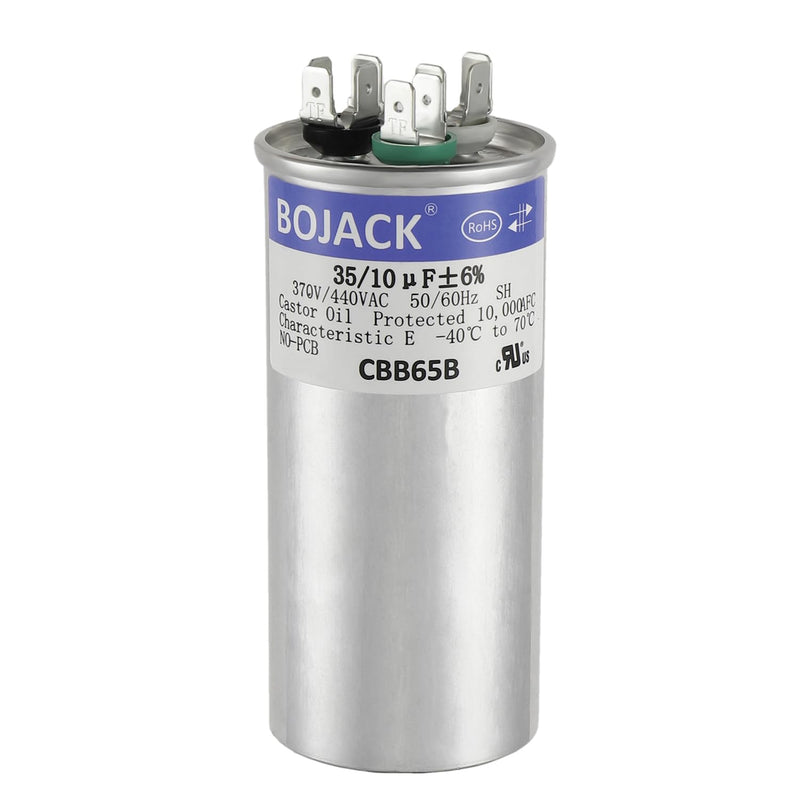 BOJACK 35+10 uF ±6% 35/10 MFD 370/440 VAC CBB65B Dual Run Start Round Capacitor for Condenser Straight Cool or Heat Pump Air Conditioner or AC Motor and Fan Starting