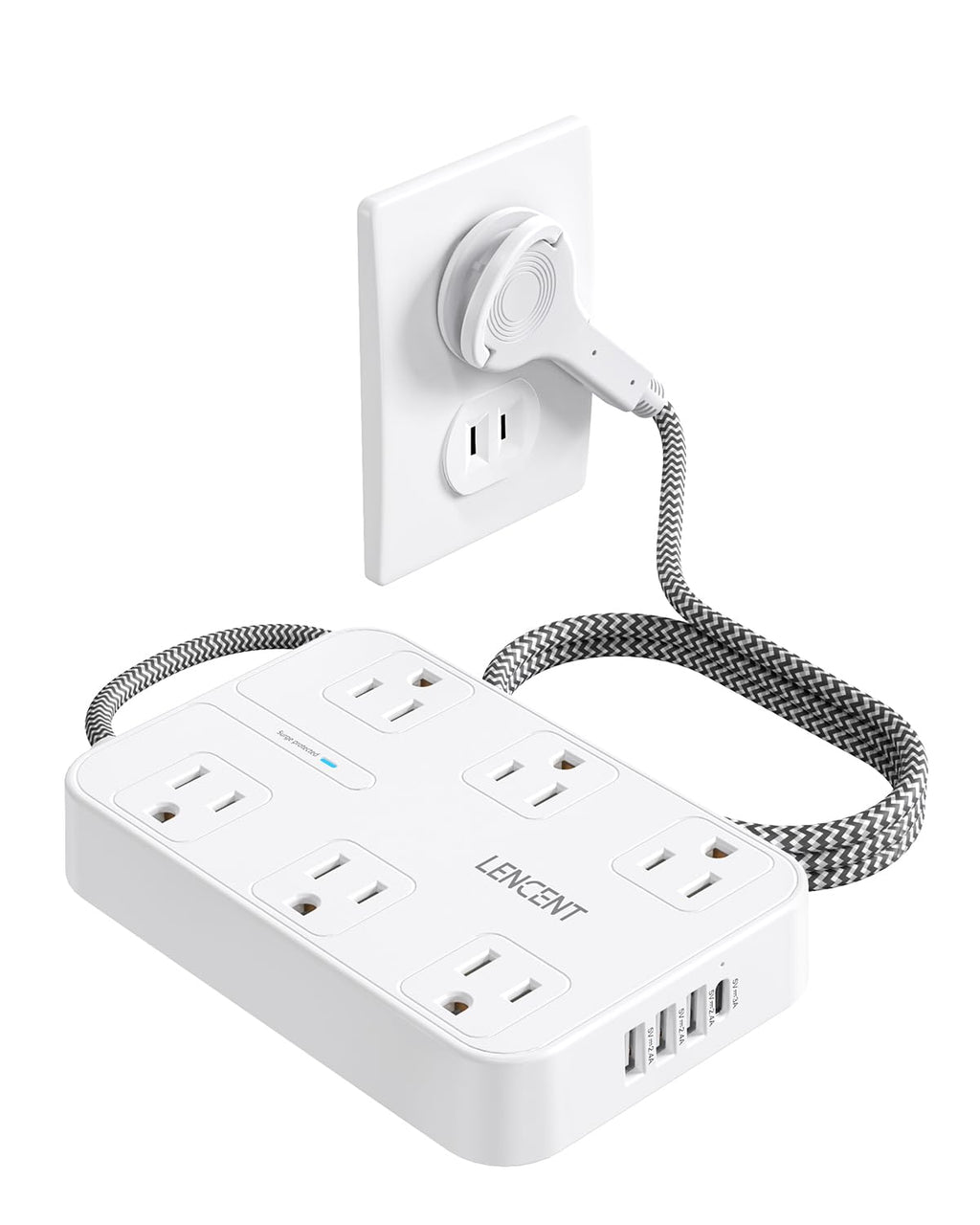 [Australia - AusPower] - LENCENT 2 Prong Power Strip, 3 to 2 Prong Outlet Adapter, Two Prong Surge Protector, 6ft Braided Extension Cord with Thin Flat Polarized Plug, 6 AC&4 USB(1 Type-C), Wall Mount for Non-Grounded Outlet 