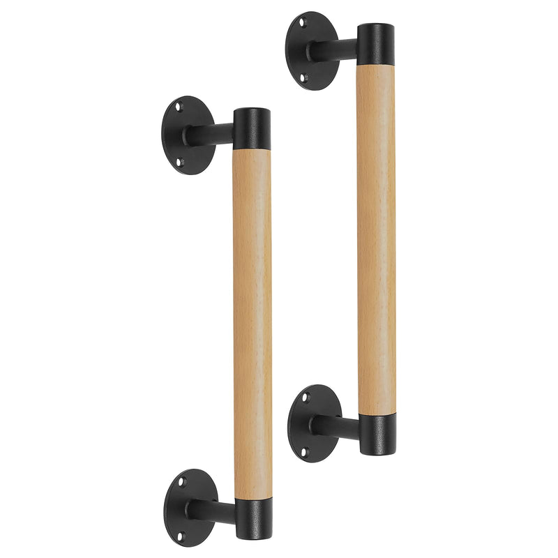 2 Pack 12 Inch Wooden Sliding Barn Door Pull Handles W/T Metal Brackets - Wood Grab Bars Gate Pulls for Shed Garage, Fence, Patio, Pantry, Closet Cabinet Furniture Door Pulls 12 INCH- 2 PACK