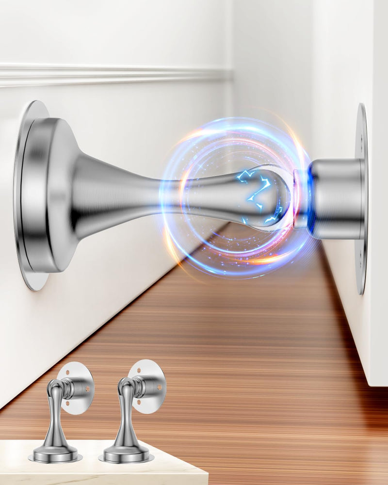 [Australia - AusPower] - Door Stoppers Magnetic Door Catch - 2 Pack Stainless Steel Heavy Duty Door Holder Stops for Bottom Top of Door - Wall Floor Mounting No Drill 3M Adhesive & Screws Strong Magnet Keep Door Open Silver 