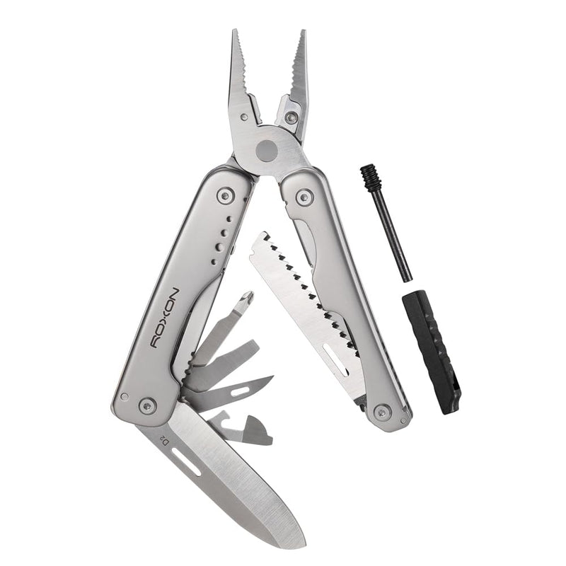 ROXON S803E Elite Flash Multitool with 20 functions including strong pliers, Flint Rod, full-size lockable blades for Outdoor Essential Survival Tool (D2 Blade) D2 Blade