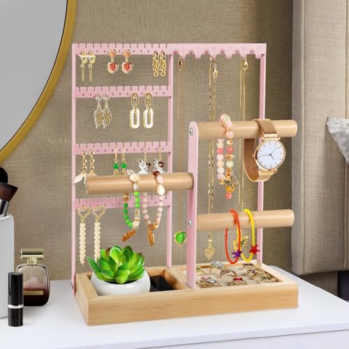 Godboat Jewelry Stand - 48 Holes Earring Holder, 4-Tier Necklace Organizer Pink