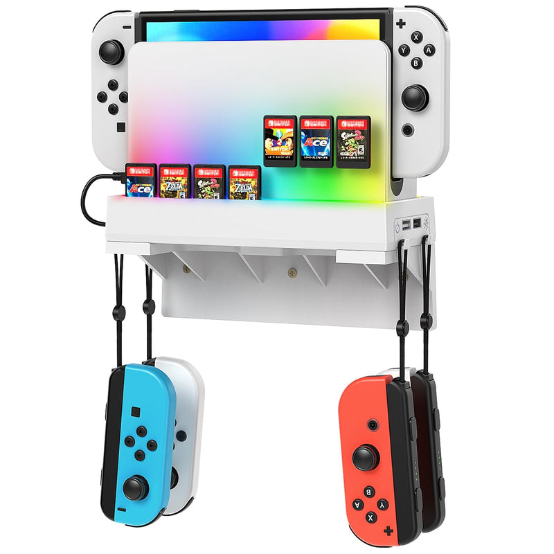 YUANHOT Switch Wall Mount for Nintendo Switch and Switch OLED,Games Console Wall Shelf with RGB Light,Station Stand Holder for Charging Dock,7 Game Card,4 Controller Joy Con Accessories Kit Storage White