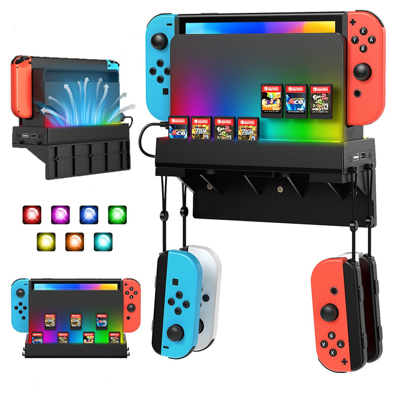 Switch Wall Mount for Nintendo Switch and Switch OLED,Game Holder Stand with RGB Light,Console Shelf for Charging Dock,7 Game Card,4 Controller JoyCon Accessories Kit Storage Black