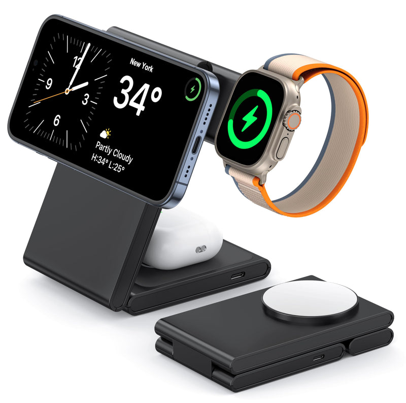 [Australia - AusPower] - 3 in 1 Wireless Charging Station for Multiple Devices, Fast Foldable Travel Mag-Safe Stand for iPhone 15 14 13 12 Pro Max/Plus/Pro/Mini, Magnetic Charger for Apple Watch/AirPods Pro with 20W Adapter Upgraded Black 