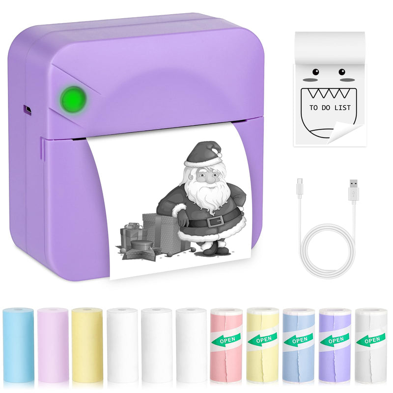 [Australia - AusPower] - Mini Sticker Printer,Mini Pocket Thermal Printer with 11 Rolls Paper,Bluetooth Inkless Printer Compatible with Android & iOS,Portable Receipt Printer for Photo,Journal,Memo,Travel,Purple Purple 