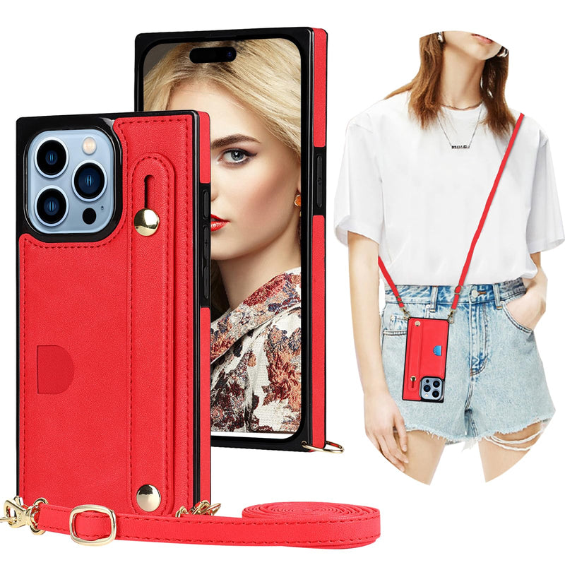 [Australia - AusPower] - CCSmall for iPhone 15 Pro Max Case with Card Holder for Women, Phone Case Crossbody with Wrist Strap & Removable Adjustable Shoulder Lanyard Cover for iPhone 15 Pro Max KB Red 