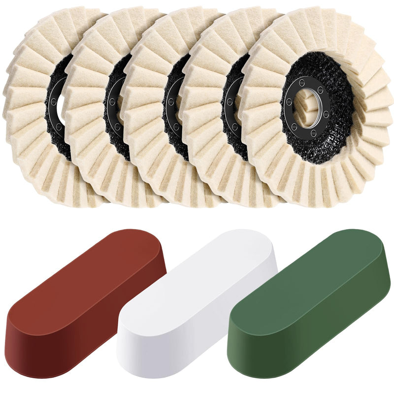 [Australia - AusPower] - 8 Pcs Wool Polishing Wheel Disc and Polishing Compounds Set Includes 5 Pcs Thicken Arbor Buffing Wheel 3 Pcs Buffing Compound 4 1/2 x 7/8 Inch Felt Flap Disc for Angle Grinder, Multi Surface 