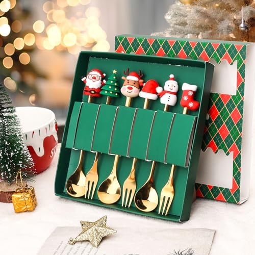 6 Pcs Christmas Man Premium Stainless Steel Forks and Spoons with Gift Box Set (Shining Golden - Pack of 6)