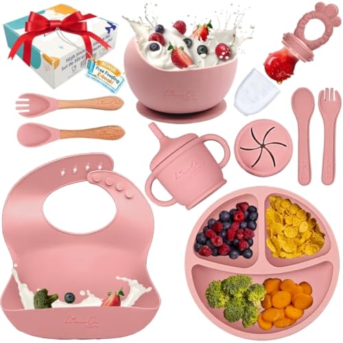 Silicone Baby Feeding Set, 14PCS, Baby plates and bowls Set - Silicone Bibs Pink