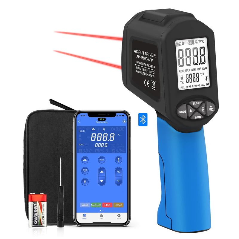 [Australia - AusPower] - High Temp Thermometer with Bluetooth,Pyrometer-58°F to 2876°F, DS 30:1 Non-Contact Laser Thermometer Gun with Flashlight, APP Data Download- AP-1580C-APP 1580C 