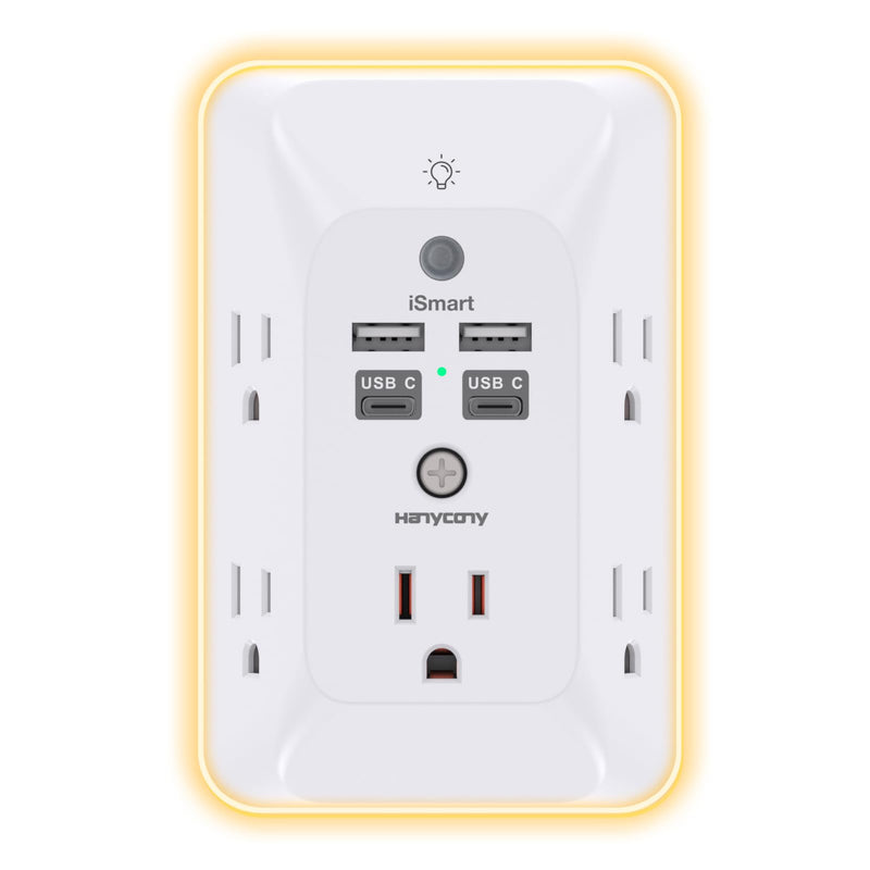 [Australia - AusPower] - Multi Plug Outlet, Outlet Extender with 4 USB Ports (2 USB C) and Night Light, 1050J Surge Protector, Wall Mount, Outlet Splitter for Bathroom Kicthen Camper Dorm Room Essentials 5 AC +2 USB A +2 USB C & Light 