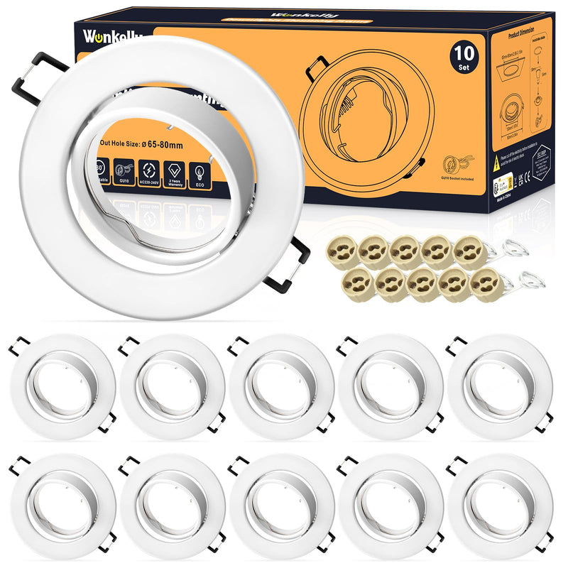 LED Recessed Spotlight GU10 Set (Including GU10 Socket), LED Spotlights 230 V 68 mm | Mounting frame in round, matt white, 30° swivel, metal recessed spotlights, for recessed lighting (pack of 10)