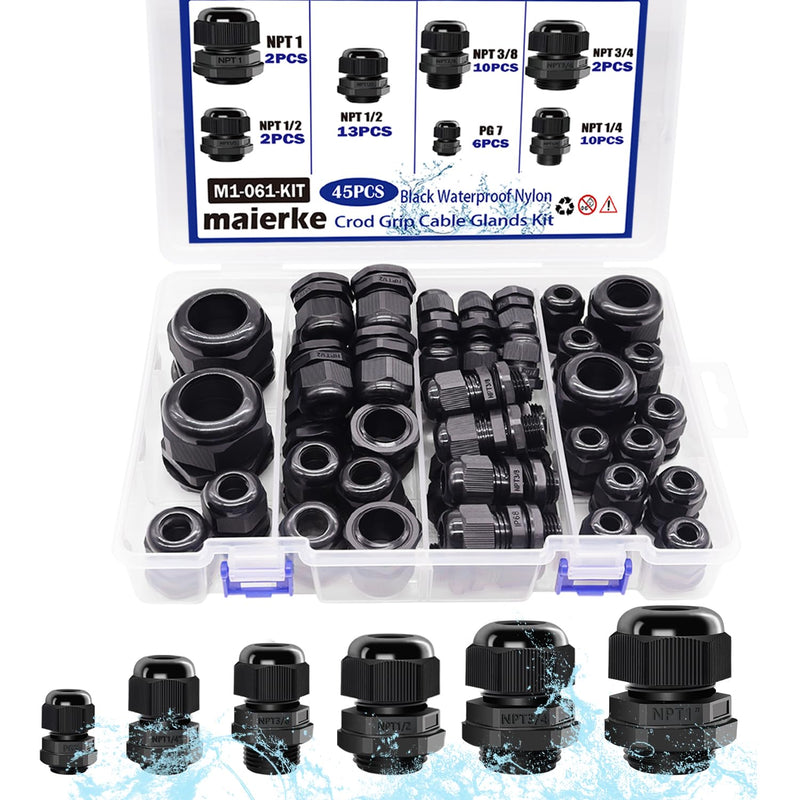 [Australia - AusPower] - 45PCS Cord Grip Cable Glands Kit,Cable Gland Waterproof Adjustable 1/4” 3/8” 1/2” 3/4” 1” NPT with PG7 Nylon Strain Relief Cord Connectors Black With Gaskets 45PCS 