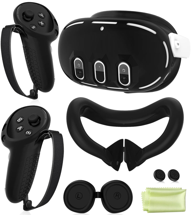 [Australia - AusPower] - Silicone Cover Set Compatible with Oculus/Meta Quest 3, VR Accessories Protective Cover Includes Controller Grips, Front Shell Headset Cover and Face Cover (Black) Black 