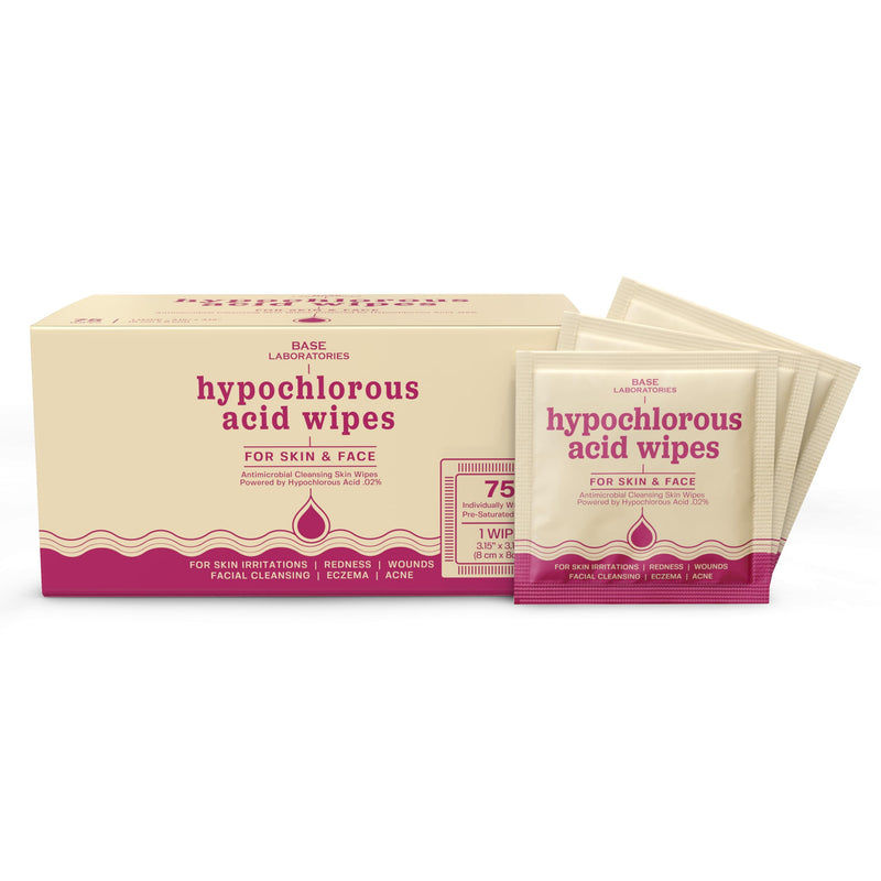 [Australia - AusPower] - BASE LABORATORIES Hypochlorous Acid Wipes | Saline Solution and HOCl Infused Wound Cleaning Wipes for Skin & Face | Cleanses, Sanitizes & Soothes Skin Irritations, Piercings, Acne & Eczema | 75 Wipes 75 Count (Pack of 1) 