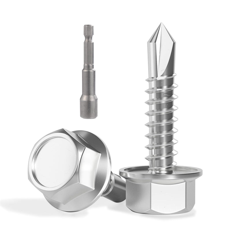 [Australia - AusPower] - 140pcs Self Drilling Screws for Metal,#10 x 3/4 Inch 410 Stainless Steel Self Tapping Sheet Metal Screws,Self Tapping Screws for Metal,Hex Washer Head #10 x 3/4 inch Silver Hex Washer Head 