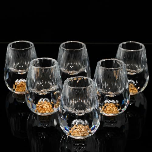 SIYOUKI Crystal Shot Glasses 0.5oz Set,Decorated With 24K Gold Leaf Flakes,Lead-Free,Handmade Set Suitable For MaoTai,Spirits,Drinks Tastin,Gift-Box Packaging (Diamond-6PCS) Diamond-6PCS