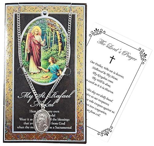 Trendzeen St Raphael Pendant Necklace With Lord's Prayer Card - Genuine Pewter Medallion - Saint Necklace for Men and Women - Patron Medal Jewelry, 2 Items Set