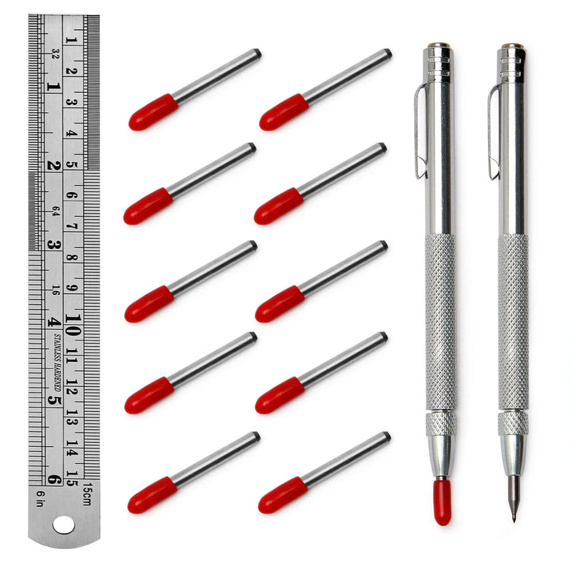 [Australia - AusPower] - Mriuuod 2 Pack Tungsten Carbide Scriber Tool with Magnet, with Extra 10 Replacement Marking Tip And 6-Inch/15cm Stainless Steel Ruler, Etching Engraving Pen for Glass Ceramics Metal Sheet 