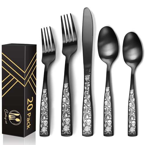 20-Piece Matte Black Silverware Set for 4, Skull Rose Cultery Set 18/0 Stain Finish Stainless Steel, Gothic Skeleton Pattern Decorative Flatware Set, Daily Halloween Party Event Serving For 4 20PCS