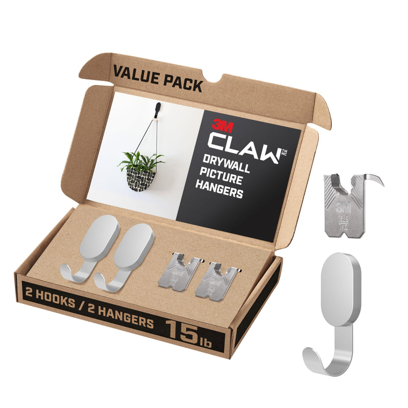 3M CLAW 15 lb. 2 Drywall Silver Hooks & 2 Extra Picture Hangers, Heavyweight Hanging Solution for Backpacks, Jackets, Pictures and Room Decor, Cute Wall Hooks - 4 Pack 15 lb.