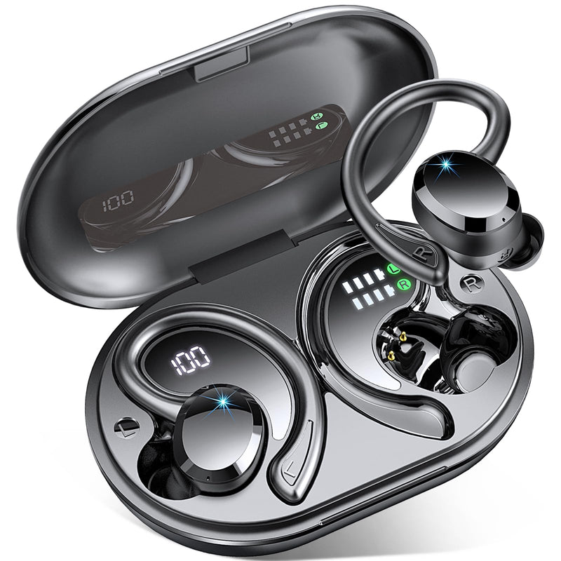 [Australia - AusPower] - Wireless Earbuds Bluetooth Headphone Sport, 2024 Bluetooth 5.3 Earbud 14.2mm Driver Stereo Over Ear Buds, 48Hrs Earphone with Earhook, Noise Cancelling Mic, IP7 Waterproof Headset for Workout/Running 800 mAh Black 