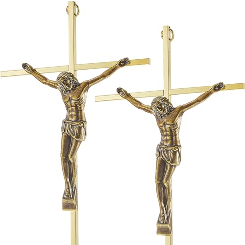 Leinuosen 2 Pcs Metal Wall Crosses Crucifix Catholic Home Decor, Shiny Gold